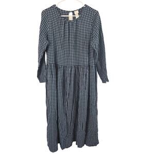 H&M Gingham Print Midi Dress‎ M Womens Ble Long Sleeve Preppy Key Hole Back